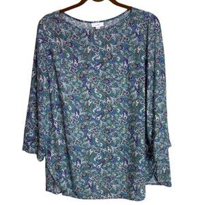 J. Jill Women’s Large Paisley Print Blouse Blue Green Pull On Long Sleeve Top